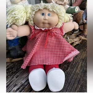 Cabbage Patch Kids CPK Doll Blonde Hair Blue Eyes 1985 Red Dress Vintage 80s
